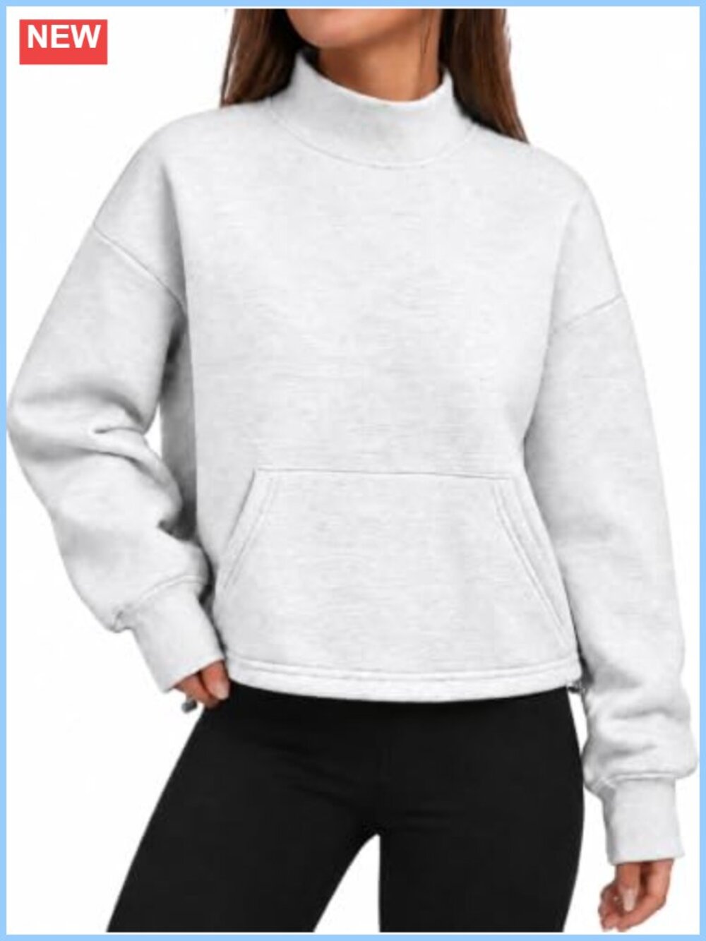 Fleece Lined Mock Neck Crop Sweatshirt Pullover Kangaroo Pocket